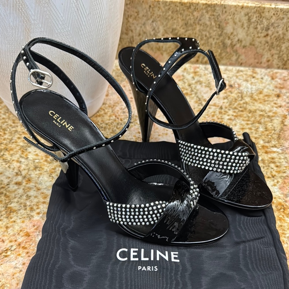 Celine Black Strappy Heels with Studded Detail
